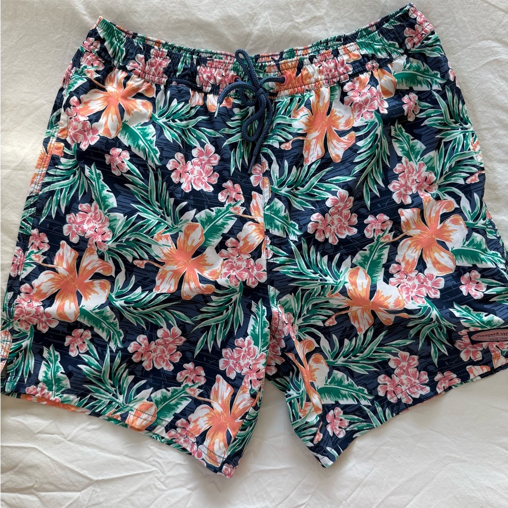 Vineyard Vines Navy Swim Trunks with Pink & Orange Floral Print